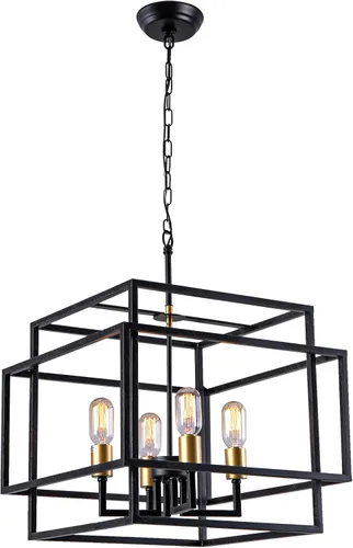 Vista 8 de Maxax Lámpara de araña cuadrada moderna, 4 luces colgantes de granja, para isla de cocina, comedor, dormitorio, sala de estar, acabado negro y dorado