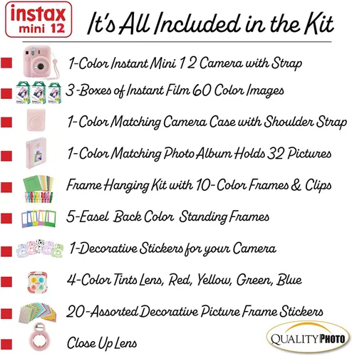 Vista 3 de Fujifilm Cámara instantánea Instax Mini 12 + 60 impresiones fotográficas + paquete de calidad fotográfica, funda, calcomanías decorativas, marcos