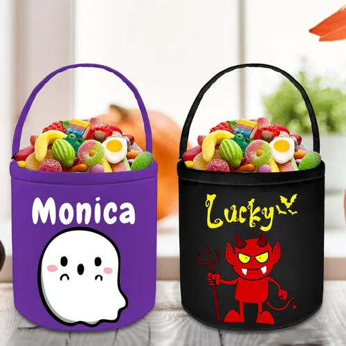 Vista 6 de Cubo personalizado de Halloween con nombre, cesta de dulce o truco de Halloween, regalo personalizado para niños y niñas, color negro
