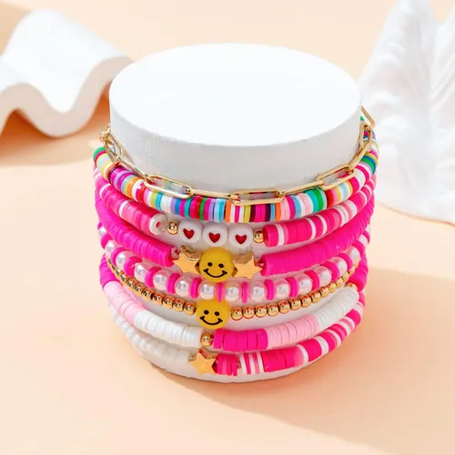 Vista 2 de 8 pulseras de surf de disco sonriente de arcilla colorida, sonrisa feliz mal de ojo, pulsera apilable, bohemia, multicolor, arcilla polimérica