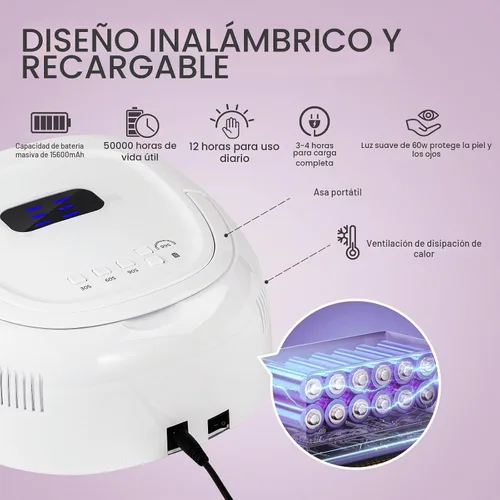 Vista 3 de Lámpara de uñas LED UV inalámbrica, secadora de uñas recargable de 60 W, luz de curado de esmalte de uñas para manicura con sensor automático y 4