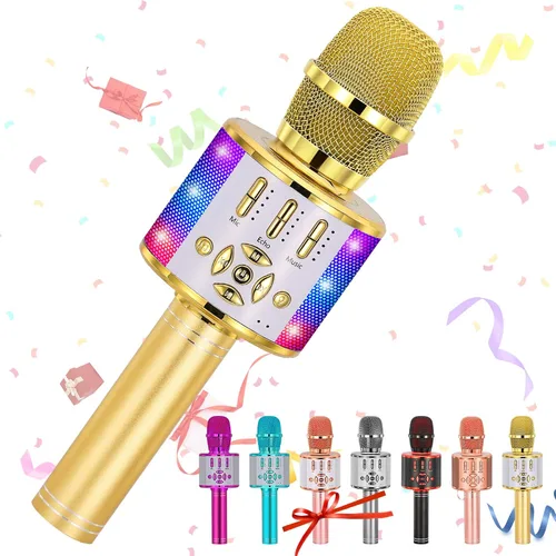 Vista 15 de Amazmic Máquina de Micrófono de Karaoke para Niños, Micrófono Bluetooth Portátil, Micrófono de Karaoke Inalámbrico de Mano con Luces LED, Regalo