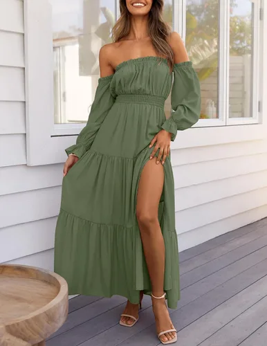 Vista 73 de ZESICA - Vestido largo, bohemio y sexy, con hombros descubiertos y manga larga fruncida, con elástico fruncido, cintura alta y abertura lateral