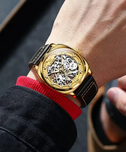 Vista 3 de OUPINKE Relojes automáticos de esqueleto para hombre, mecánica, cuerda automática, correa de cuero elegante, estilo steampunk, luminoso