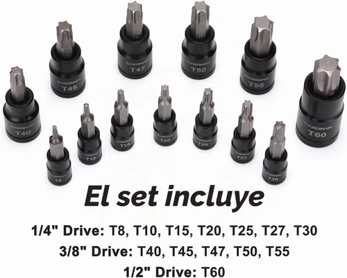 Vista 6 de CASOMAN Juego de 25 piezas de dados Torx y enchufes externos, 13 puntas de enchufe estrella (T8- T60) y 12 enchufes E-Torx hembra (E4-E22)