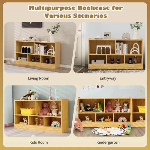 Vista 8 de KOTEK Organizador de almacenamiento de juguetes, estantería infantil de 5 cubos, estantería de madera de 3 niveles, estante abierto para guardería