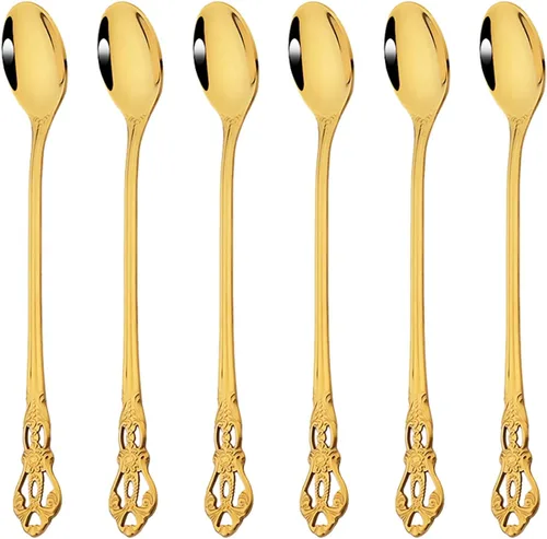 Vista 4 de Juego de 6 cucharas de café y té, mini cuchara dorada de acero inoxidable 6 cucharaditas
