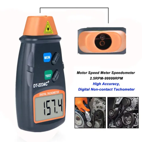 Vista 2 de Tacómetro digital láser, AIOMEST Medidor de velocidad sin contacto RPM, probador fotográfico RPM que mide 2.5-99,999 RPM, velocímetro de mano