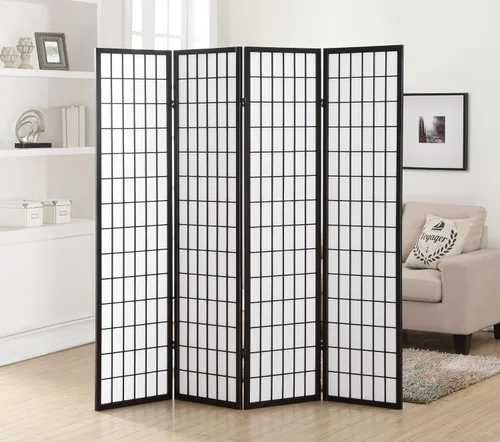 Vista 2 de Roundhill Furniture Oriental Shoji - Divisor de habitación con pantalla de 4 paneles, color negro