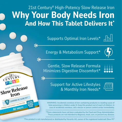 Vista 5 de Tabletas de liberación lenta de hierro 21st Century. , B005LEMT1I, 1, 1 High-Potency Ferrous Sulfate, Compare VS. Slow FE® & Healthy Red Blood