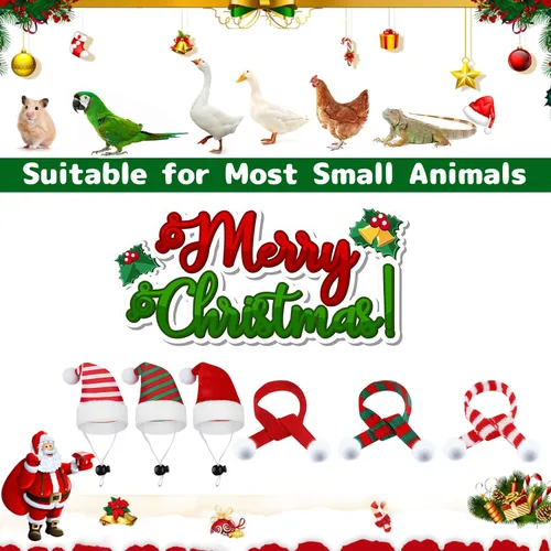 Vista 4 de CCINEE Juego de 12 bufandas de gorro de pollo para mascotas, mini sombrero de Papá Noel, bufanda de Navidad con correa ajustable para la barbilla