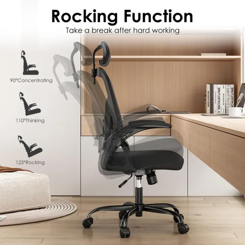 Vista 4 de Silla de oficina ergonómica, silla de escritorio para el hogar con reposacabezas ajustable y giratorio de 30°, soporte lumbar ajustable vertical