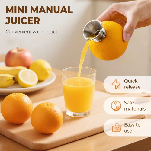 Vista 2 de Exprimidor de limón de acero inoxidable, exprimidor manual de cítricos, exprimidor de mano resistente con tapa de rosca para limones, limas