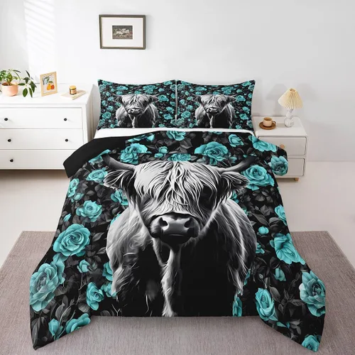 Vista 16 de Erosebridal Juego de edredón con estampado de vaca de las Highland, juego de ropa de cama de granja occidental verde azulado, decoración rústica