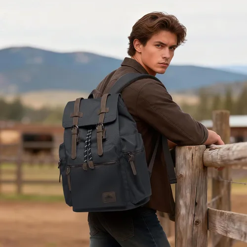 Vista 7 de MOYYI Mochila de lona para hombre para laptop de 13 a 17.3 pulgadas, mochila vintage duradera con ribete de cuero para uso diario, universidad