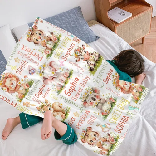 Vista 6 de Manta de bebé personalizada con diseño de animales del bosque, manta personalizada con nombre para niñas y niños, regalos de registro, manta suave