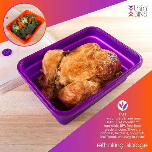 Vista 3 de Kitchen Home Thin Bins - Juego de 2 recipientes rectangulares extragrandes de silicona para almacenamiento de alimentos, sin BPA, aptos
