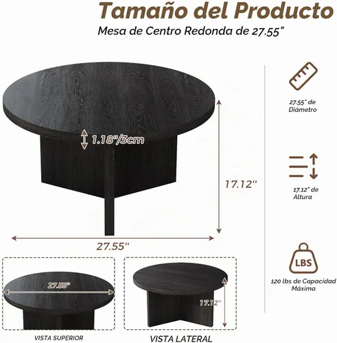Vista 2 de Luoxiao Mesa de Centro de 27.5'' para Espacios Pequeños, Mesa Moderna Minimalista para Sala de Estar, Mesa Auxiliar Redonda Pequeña Duradera y Negro
