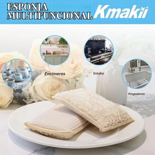 Vista 4 de KMAKII Esponjas de cocina de bambú, esponja para platos, esponjas de limpieza súper absorbentes, paquete de 12