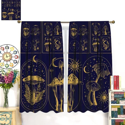 Vista 3 de Cortinas semitraslúcidas de hongos, estilo bohemio, plantas místicas, sol, luna, tratamiento de ventana para dormitorio, sala de estar, cocina