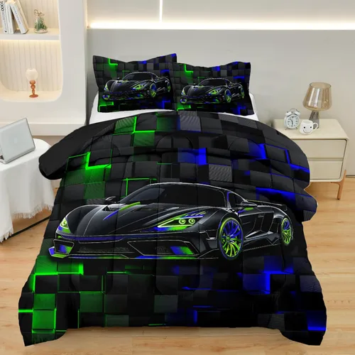 Vista 11 de Juego de Ropa de Cama Individual para Niños con Coches de Carrera, Juego de Edredón de Tamaño Individual con Coche Deportivo Azul para Niños, Juego