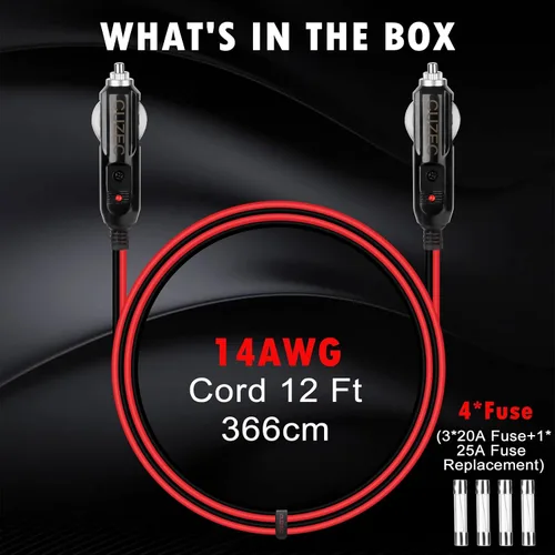 Vista 5 de CUZEC Cable de carga de enchufe de encendedor de cigarrillos macho a macho de 20 A, 12 pies / 12.0 ft, 14 AWG con indicador LED y protección