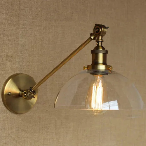 Vista 6 de Iluminación de pared industrial vintage de 1 luz con pantalla de vidrio transparente con brazo oscilante ajustable, lámpara de pared de cabecera