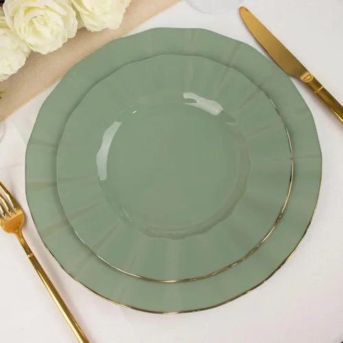 Vista 99 de Tableclothsfactory Paquete de 10 platos redondos de plástico negro de 6 pulgadas para ensalada de postre, platos desechables con borde ondulado