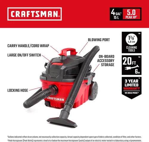 Vista 2 de CRAFTSMAN CMXEVBE17040 Aspiradora para Seco y Húmedo de 4 Galones, 5.0 HP Máximo, Aspiradora de Taller Portátil para Seco y Húmedo con Filtro