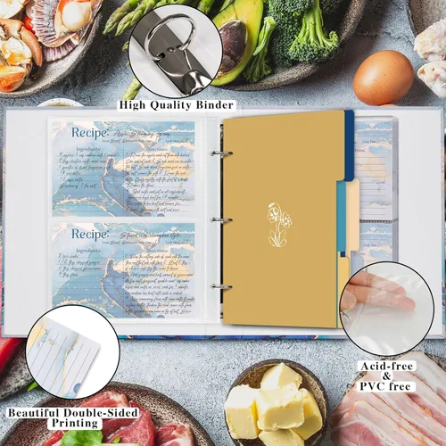 Vista 4 de Carpeta de recetas de 3 anillos de 8.5 x 9.5 pulgadas, juego organizador de recetas de página completa con 3 anillos con 25 páginas de ranura y 50