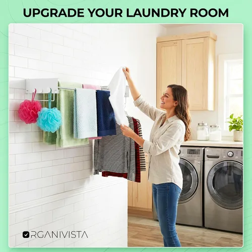 Vista 7 de Tendedero plegable para montaje en la pared para ropa de lavandería 28" Construcción de metal resistente que soporta la lavandería diaria con un