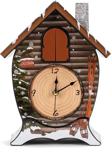 Vista 3 de Mark Feldstein Snowy Cabin Singing Cardinal - Reloj de cuco navideño con sonido de pared, 14 x 10 pulgadas