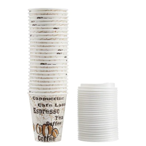Vista 3 de Amazon Basics - Tazas de papel para café caliente con tapas para llevar, 12 onzas, diseño de café, desechables, paquete de 100