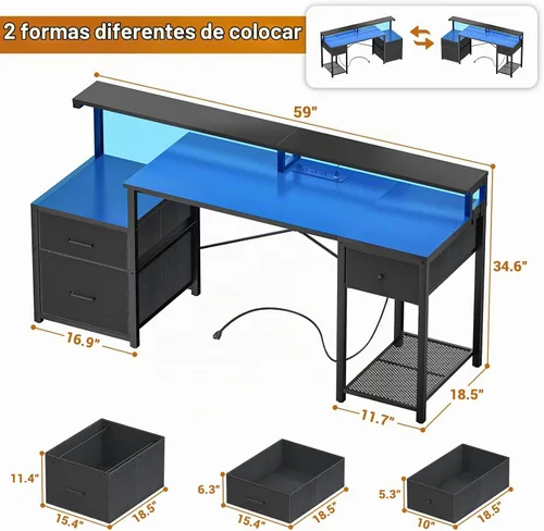Vista 3 de Aheaplus Escritorio para computadora con 3 cajones, escritorio de oficina en casa con cajón de archivos y toma de corriente, escritorio gaming