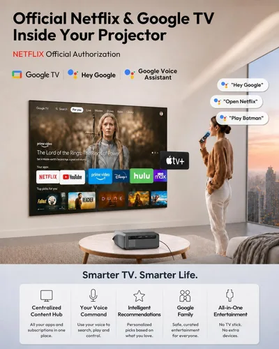 Vista 5 de 4K Daylight Projector Google TV, 2300 ANSI Smart Projector, WiFi 6, Bluetooth, NFC Wireless Casting, Low Latency Gaming, Auto Focus, HDMI ARC, Dolby