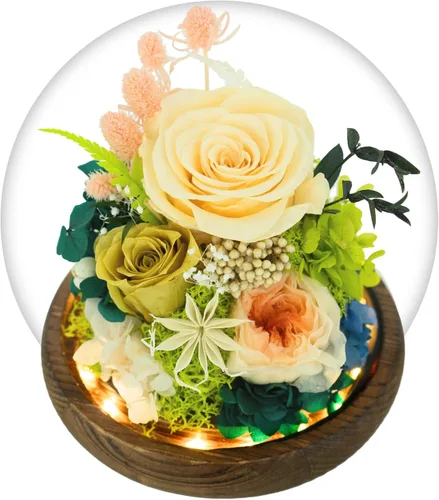 Vista 10 de GLAMOUR BOUTIQUE Mini flor preservada para árbol de Navidad en cúpula de cristal con luz, decoración de mesa de Navidad Flowers Forever de larga