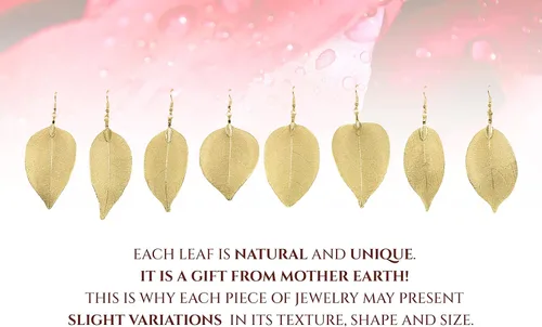 Vista 6 de Joyas de hoja de oro rosa y plata para mujer. Pendientes de hoja natural y collares circulares colgantes. Elegantes conjuntos de joyas colgantes.