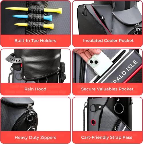 Vista 6 de Emerald Isle Bolsa de Golf de Pie con Divisor de Longitud Completa de 14 Vías, Bolsa de Transporte Resistente con Capucha para Lluvia, Múltiples
