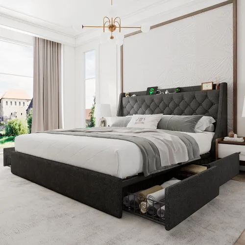 Vista 12 de Einhomn Base de cama tapizada de tamaño completo con 4 cajones de almacenamiento, cama de plataforma con cabecera con respaldo de ala, estación