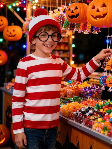 Vista 6 de URATOT Conjunto de disfraz de Halloween para niños, camiseta a rayas rojas y blancas, gorro, gafas de nerd