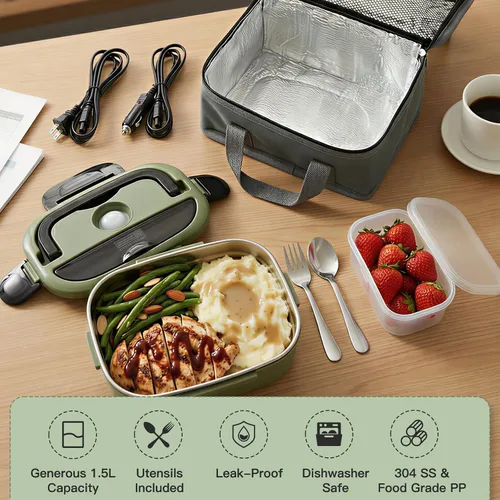 Vista 3 de MEGAWISE Fiambrera eléctrica de 1.5 L con recipiente de acero inoxidable 304, lonchera 3 en 1 para adultos, calentador de alimentos para automóvil