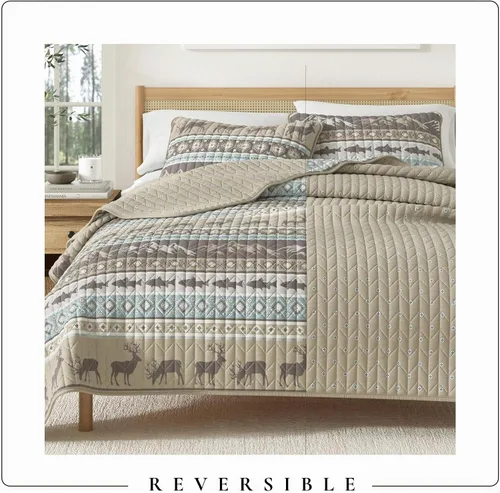 Vista 5 de Great Bay Home - Juego de 3 piezas de colcha reversible de estilo rústico de cabaña con 2 fundas decorativas de almohada, para todas las estaciones