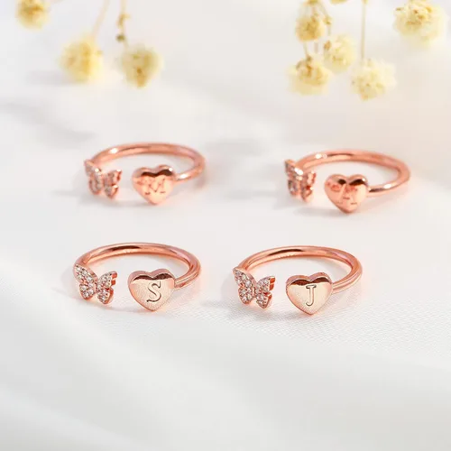 Vista 7 de Anillos apilables con iniciales para mujeres y niñas, chapados en oro rosa, con letra mayúscula, para mujeres, adolescentes, niñas, anillos