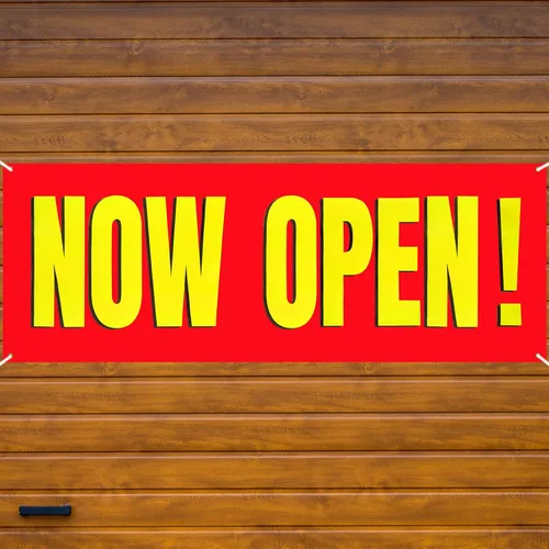 Vista 6 de Banner grande "Now Open" (abierto) para interior y exterior de poliéster, tela Oxford, letrero "Now Open" colgante para decoración de césped, Fondo