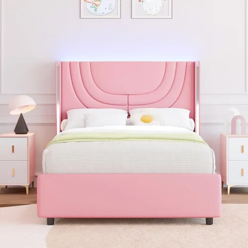 Vista 13 de REVOMINCA Base de cama individual con luces LED, plataforma tapizada de piel sintética con cabecera de ala plateada, estilo moderno, no necesita