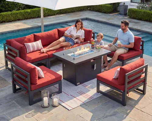 Vista 12 de BULEXYARD - Sofá modular de aluminio para exteriores con mesa para fogata, 7 piezas, color verde azulado
