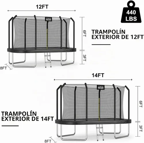 Vista 7 de AOTOB Trampolín rectangular de 12 pies/14 pies – Trampolines perfectos para exteriores para niños – Tranpoline estilo gimnasia con recinto