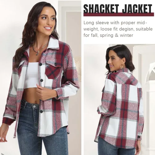 Vista 3 de Chaqueta a cuadros para mujer, casual, con botones, manga larga, ropa de moda para otoño