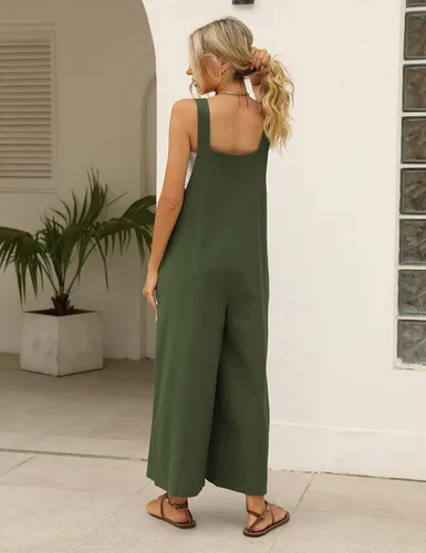 Vista 4 de Daacee Overol de lino suelto para mujer, cómodo, sin mangas, con tirantes ajustables, pierna ancha con bolsillos