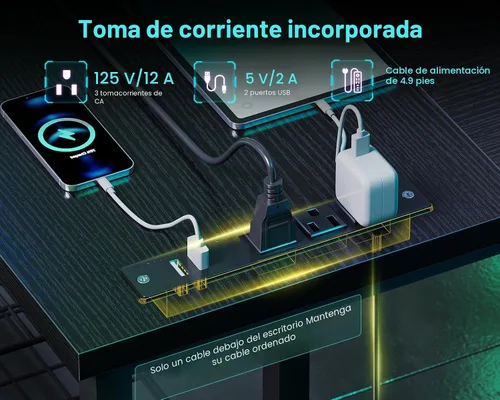 Vista 5 de Casaottima Escritorio para juegos en forma de L de 51 pulgadas con estantes y tomas de corriente, escritorio reversible para computadora